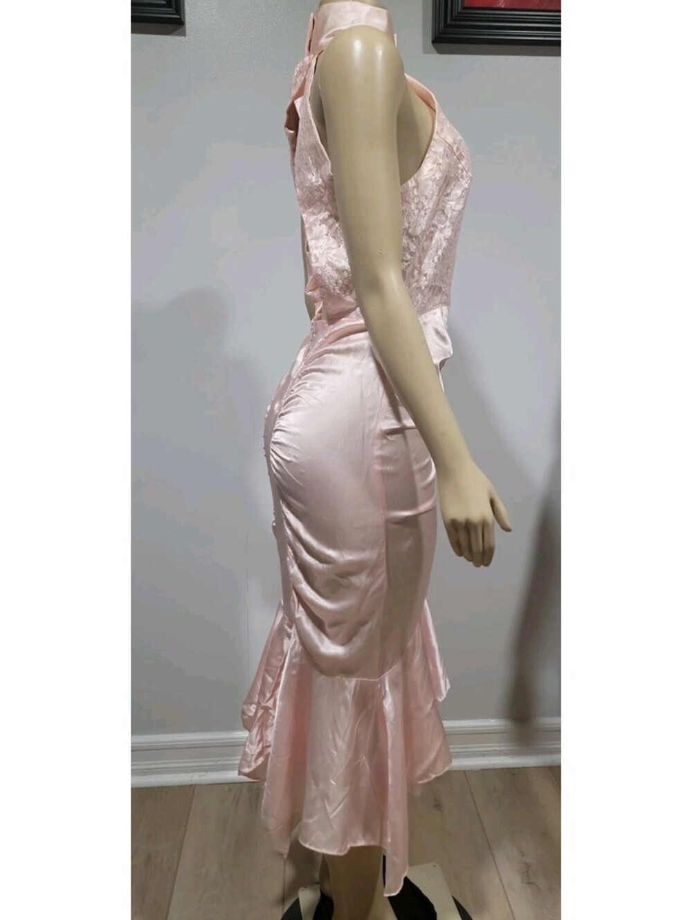 DIAMOND'S RUNS Vtg Ruched Ruffle Satin/lace 9-10 Dress Victorian Pink #04 - Picture 6 of 15